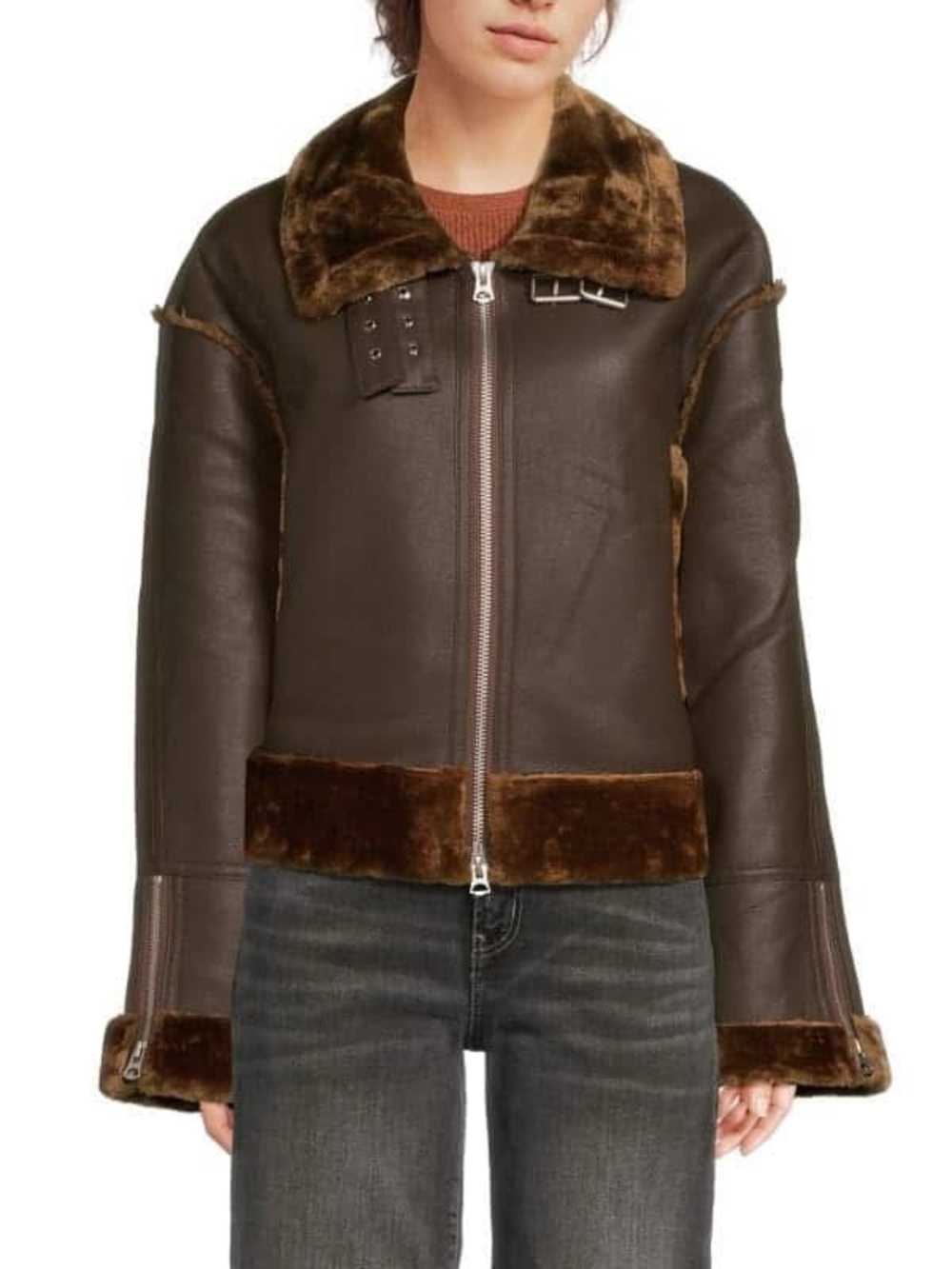Hudson Jeans Dark Brown Faux Shearling Zip Jacket Size L NWT